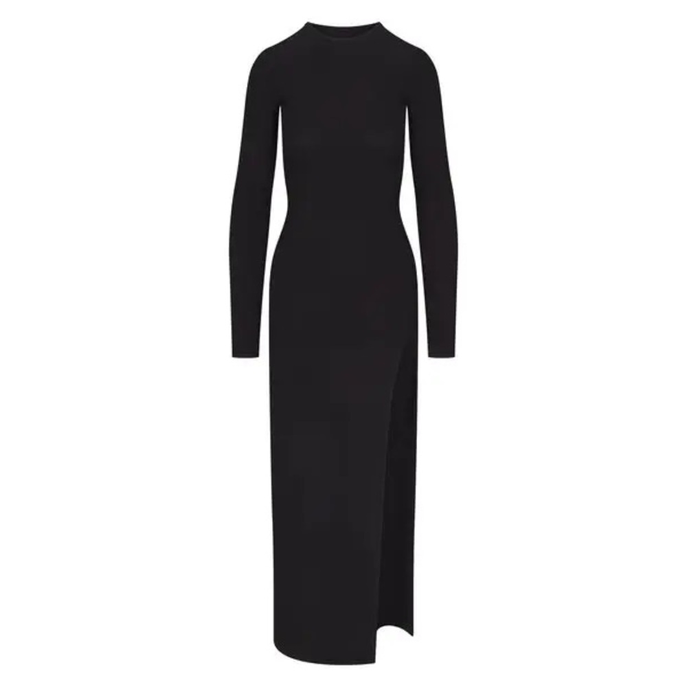NWT SKIMS Soft Lounge Long Sleeve Slit Dress - S Onyx -Black - Picture 3 of 5